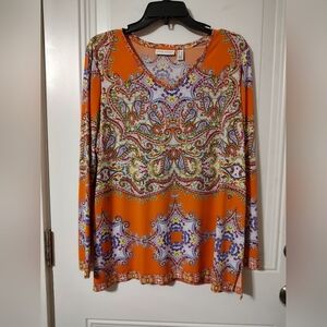 Susan Graver Orange Paisley V-Neck Long Sleeve Blouse